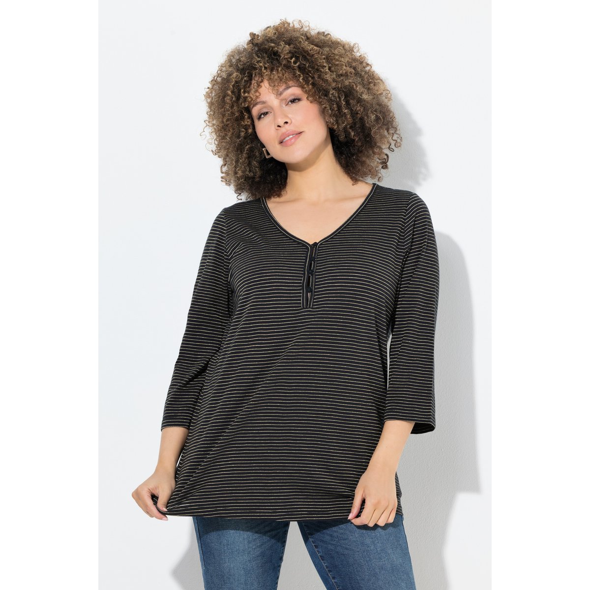 T-shirt à col en V et manches 3/4 anthracite, ULLA POPKEN