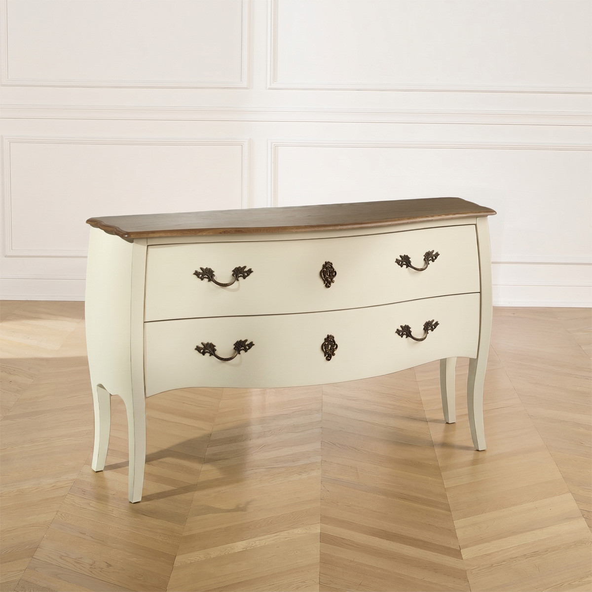 Commode style shabby chic, plateau en chêne, 2 tiroirs ALIENOR blanc, ROBIN DES BOIS