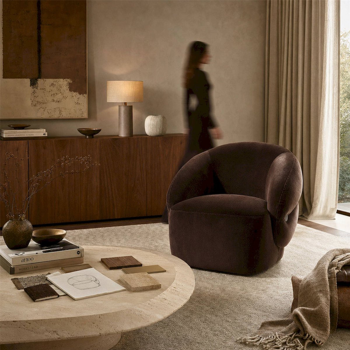 Fauteuil contemporain en velours chocolat, RECOLLECTION