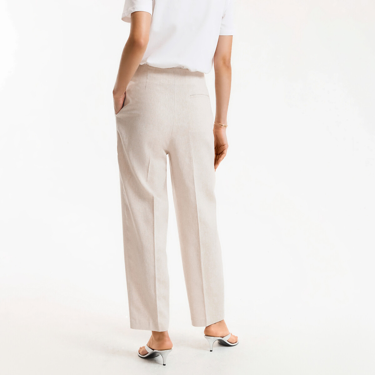 Pantalon cigarette taille haute en lin et coton beige, LA REDOUTE COLLECTIONS