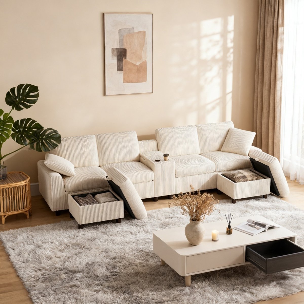 Canapé d’angle U en velours côtelé avec coffre VASED beige, MEUBLES COSY