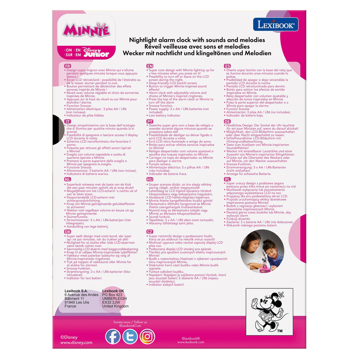 Réveil digital avec veilleuse lumineuse Minnie en 3D et effets sonores rose, LEXIBOOK