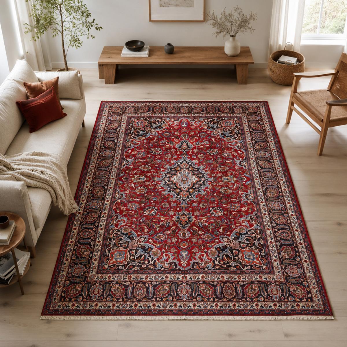 Tapis d'orient au motif oriental, artisanal noué main, MASHAD 1 rouge, beige, noir, UN AMOUR DE TAPIS