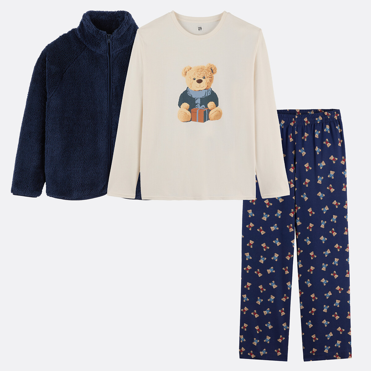 3-delige pyjama met jasje, T-shirt met lange mouwen en broek met berenprint bedrukt, SO'HOME