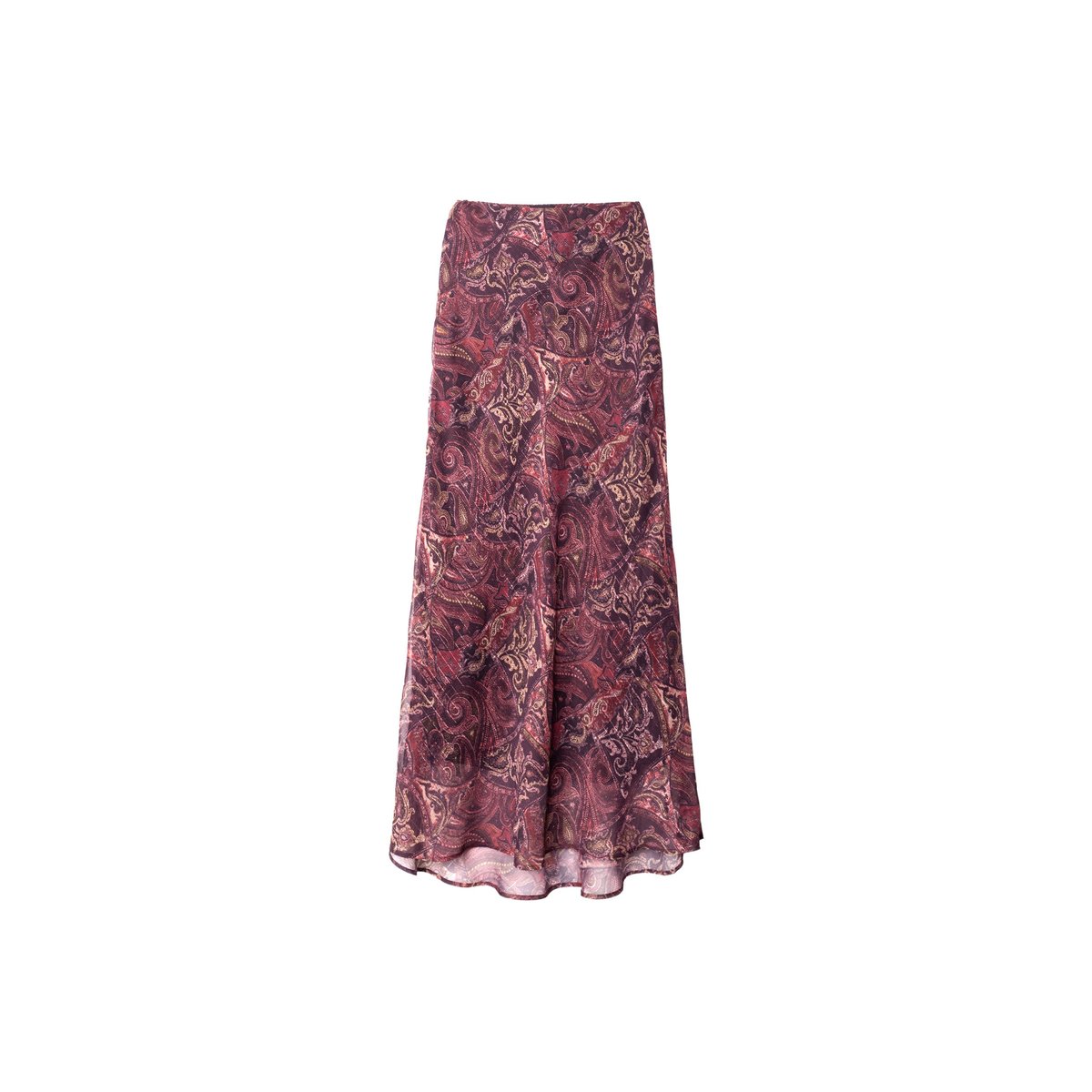 Jupe longue biais en mousseline imprimée boho grenat estampé, THE-ARE