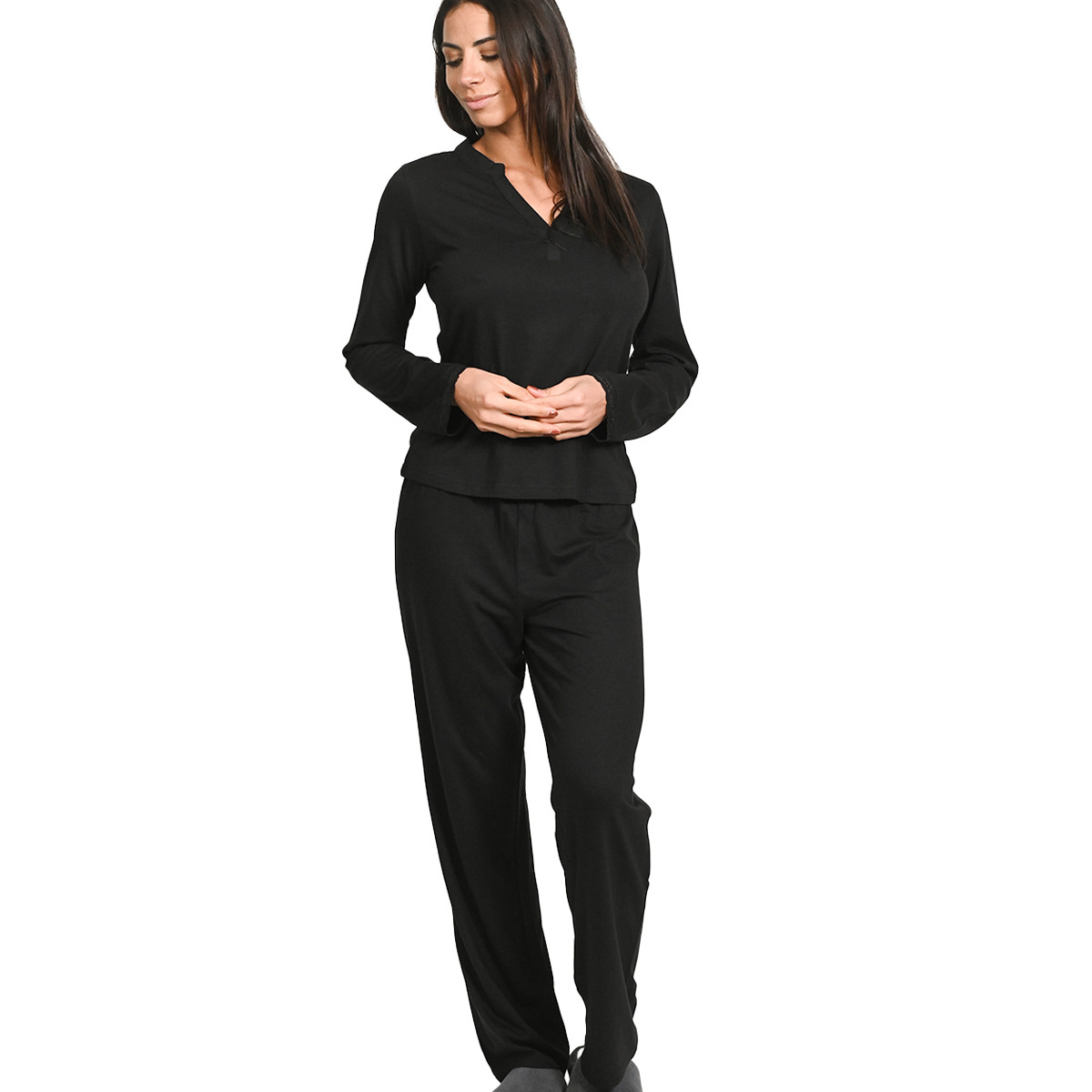 Pyjama femme à manches longues en maille EDEN noir, SENSEI MAISON