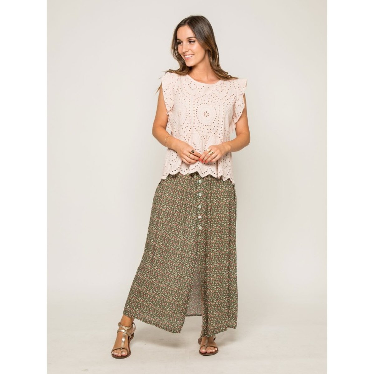 Top Col Rond Broderies Anglaises Foue rose, DONA LISA