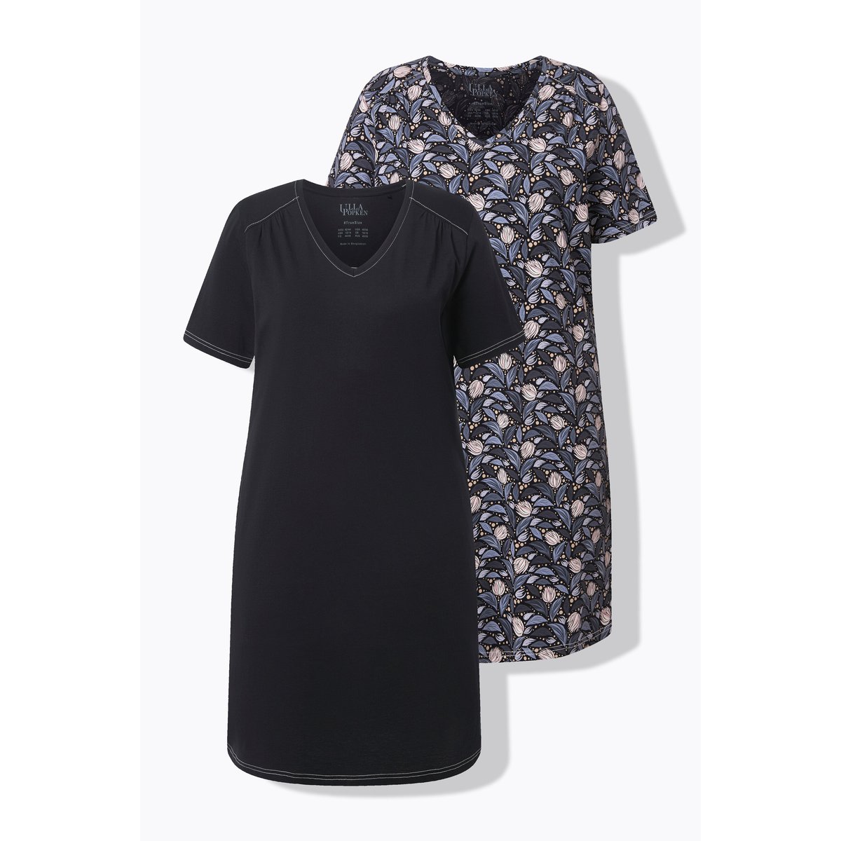 Lot de 2 chemises de nuit, feuilles/uni noir, ULLA POPKEN