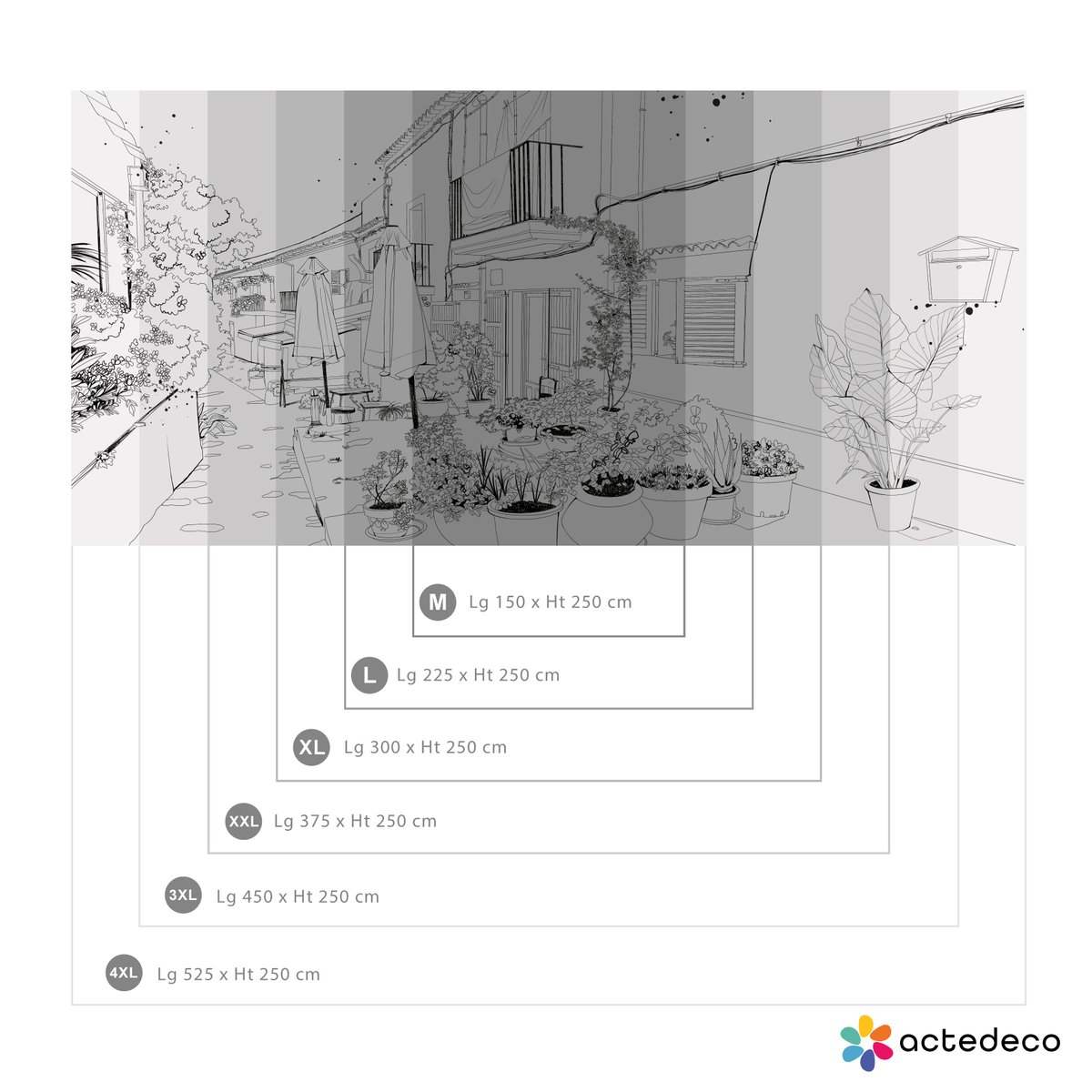 Papier peint panoramique Terrasse d'été, Gris 450 x 250cm noir et blanc, ACTE DECO