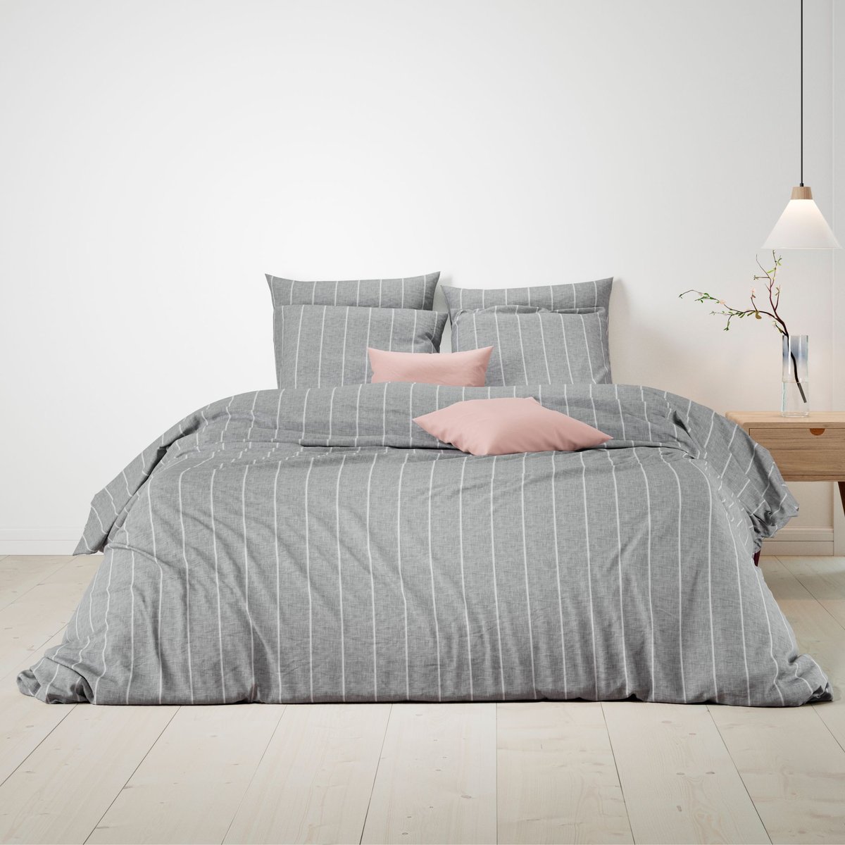Parure de lit coton rayures - OXFORD gris, TERRE DE NUIT