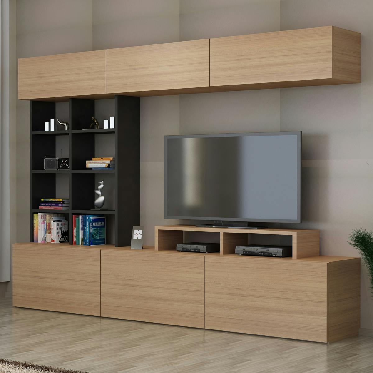 Ensemble meuble TV moderne décor bois étagères noires MARFA bois naturel, PIER IMPORT