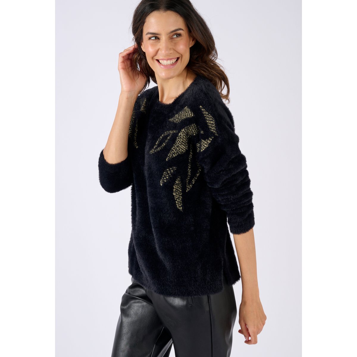 Pull maille poilue à motif végétal brillant noir, DAMART