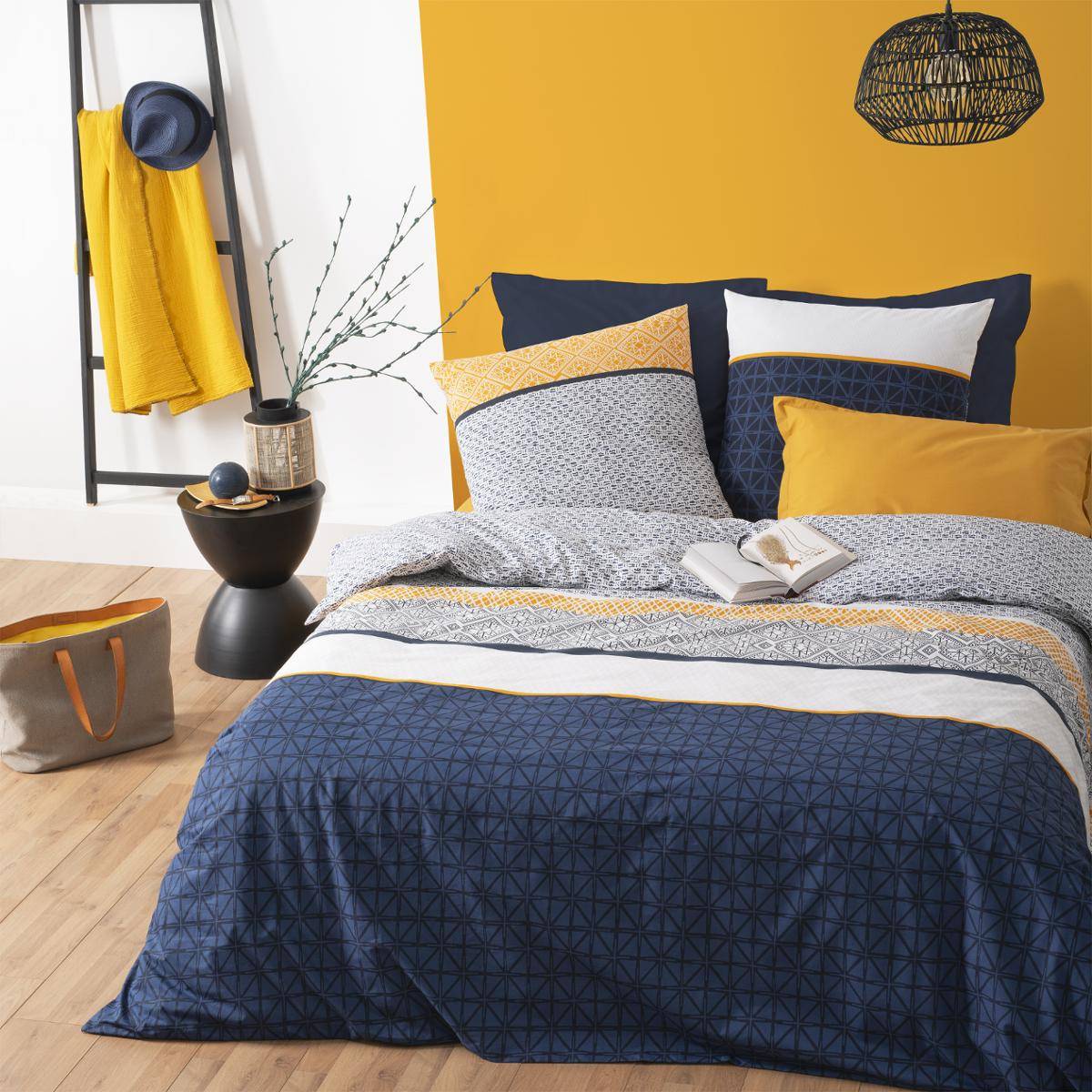 Parure de lit réversible en coton ETNIK bleu, ATMOSPHERA