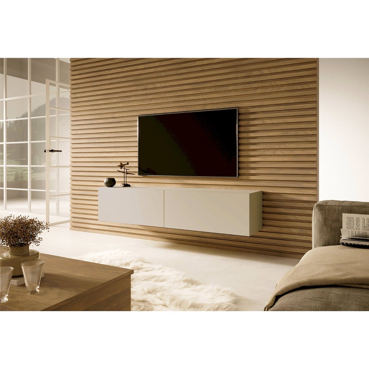 Meuble tv suspendu bois collection BISIRA cachemire, RECOLLECTION