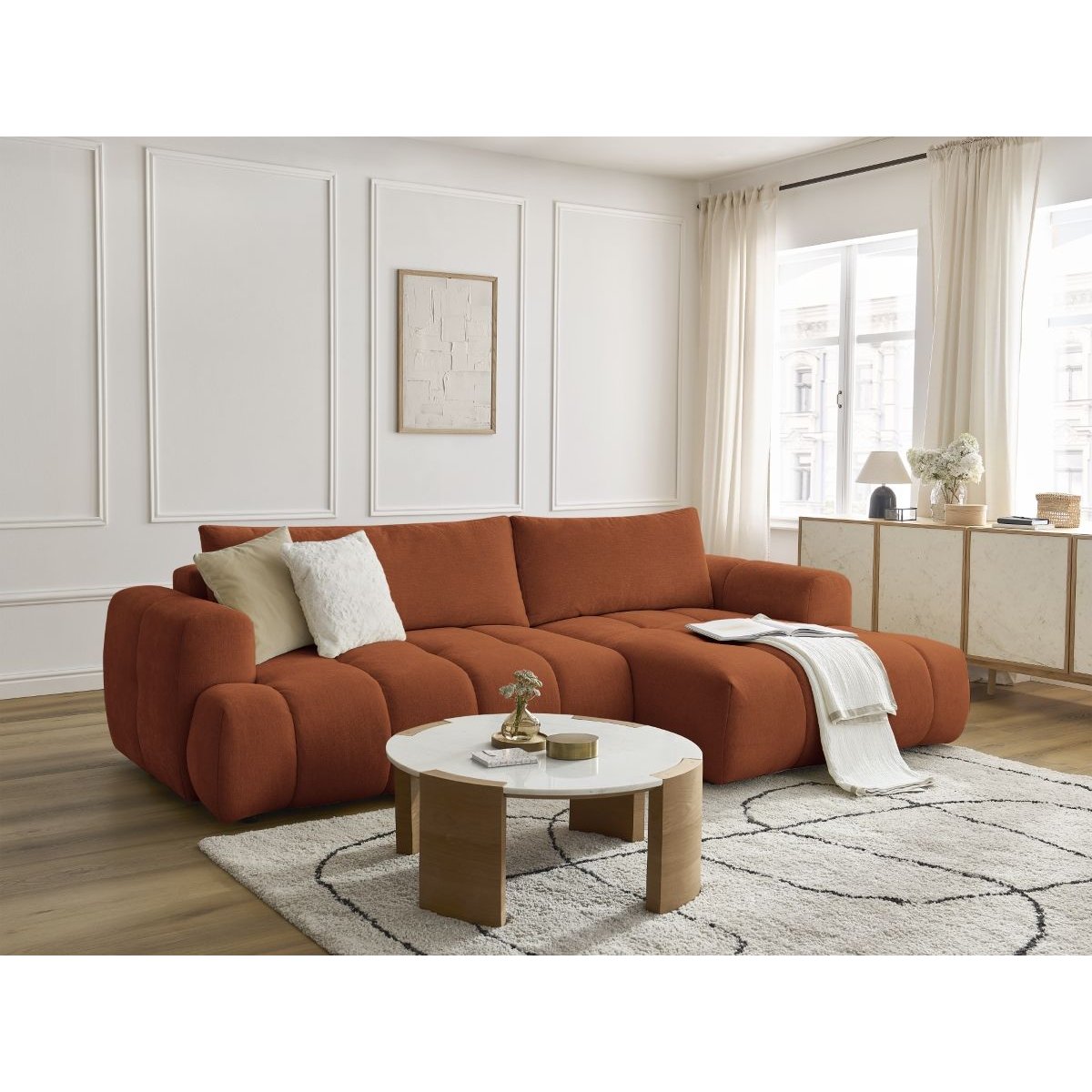 Canapé d'angle convertible 3 places en tissu lisse, FUJI orange, BOBOCHIC