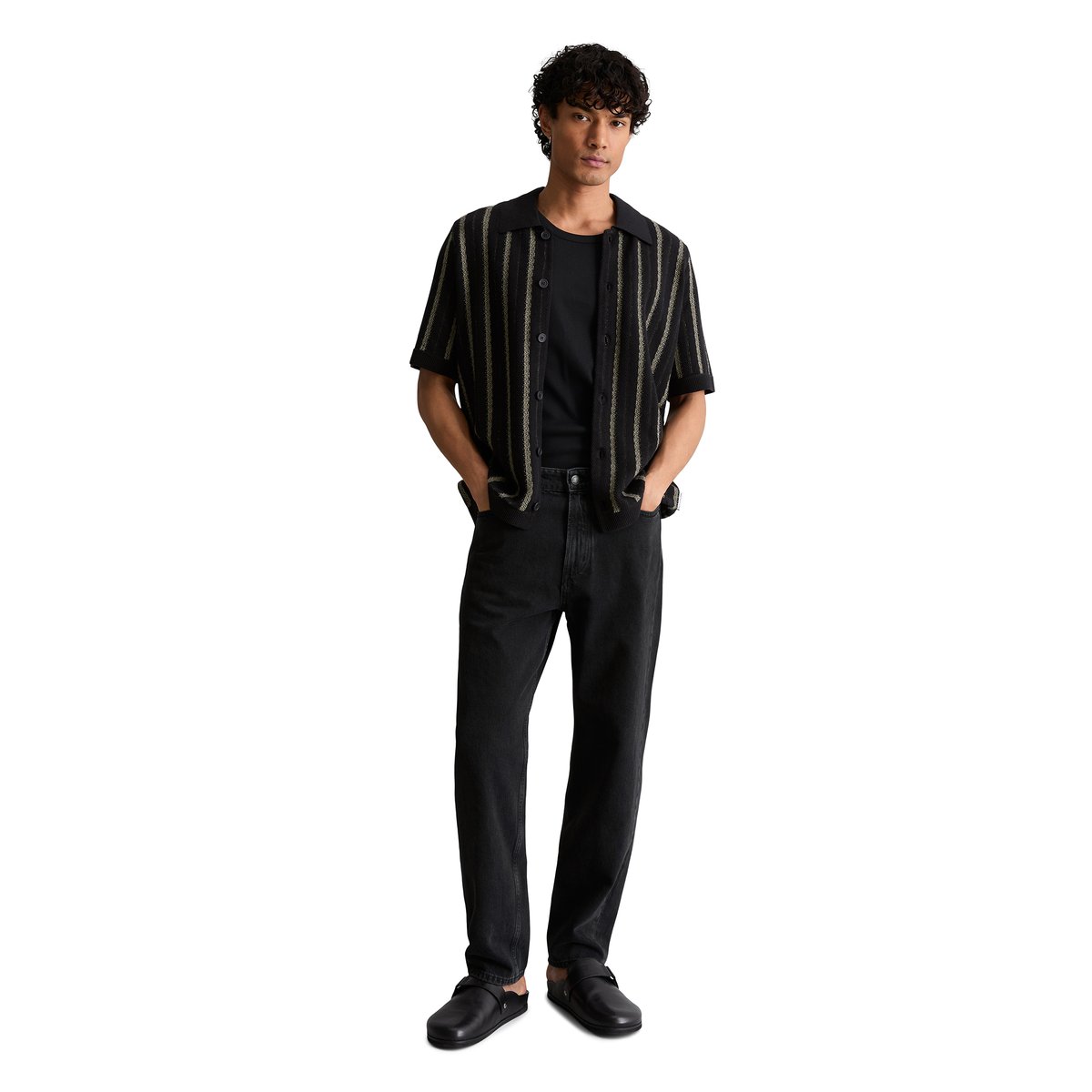 Veste en tricot style polo relaxed avec des bandes verticales noir, MARC O’POLO DENIM