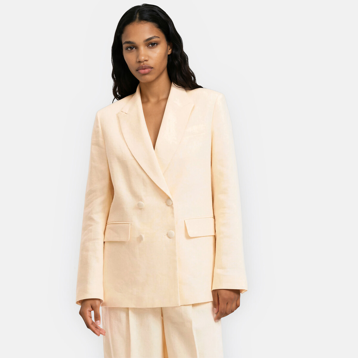 Blazer croisé coupe ample en lin jaune pastel, LA REDOUTE COLLECTIONS