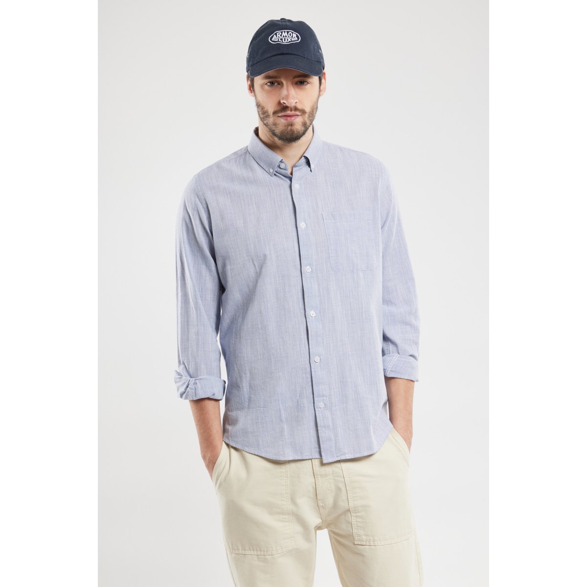 Chemise fines rayures en coton milleraie marine/milk, ARMOR-LUX