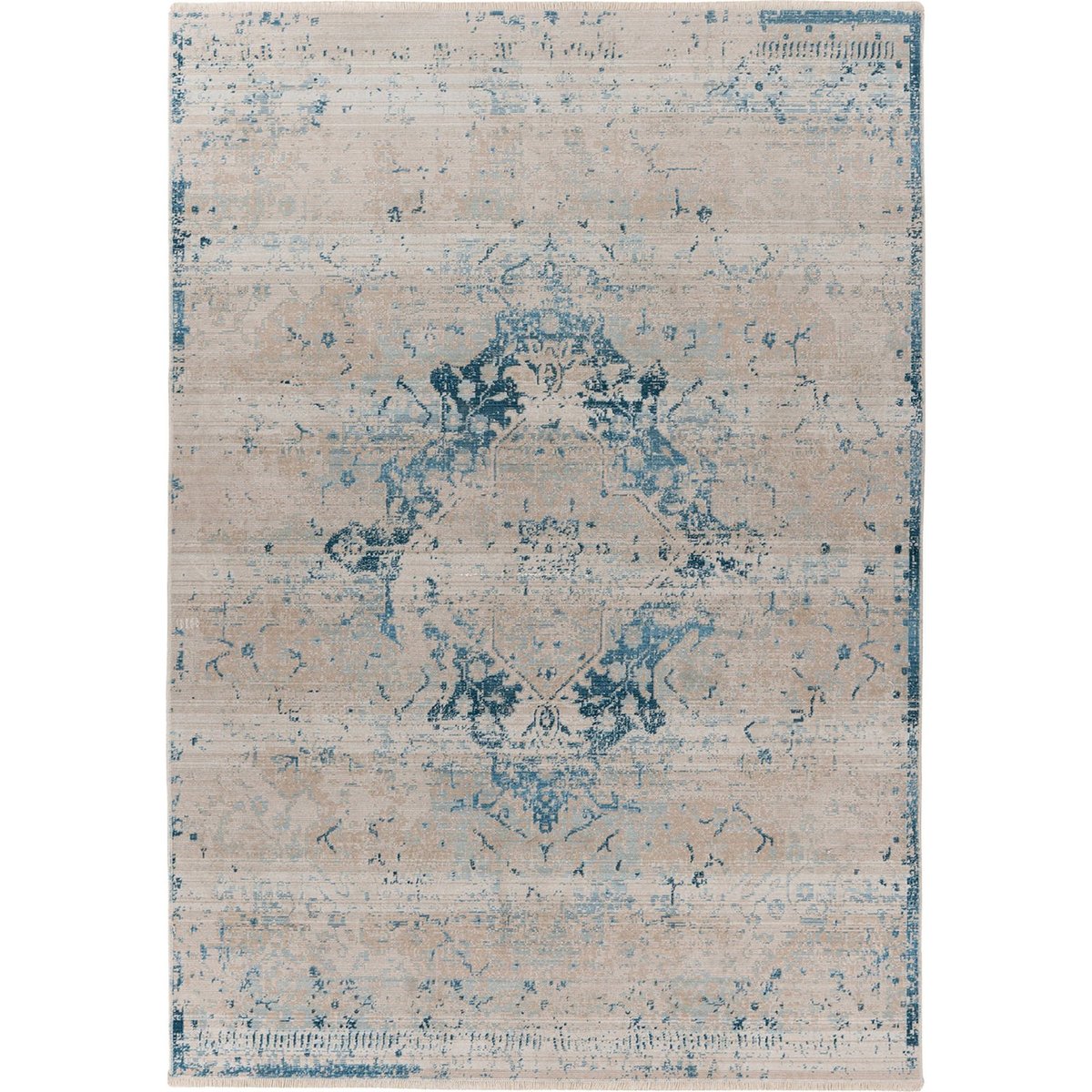 Tapis à poils courts style oriental vintage beige sable et bleu pétrole patiné, ARTE ESPINA