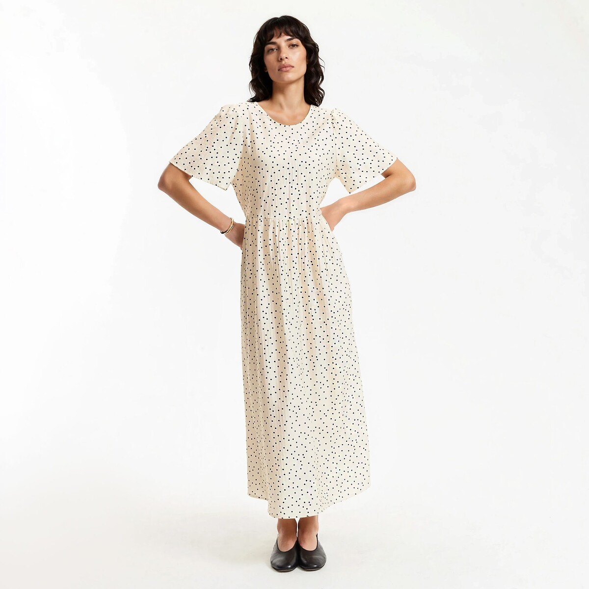 Robe longue col rond manches courtes à pois  imprimé pois fond écru, LA REDOUTE COLLECTIONS