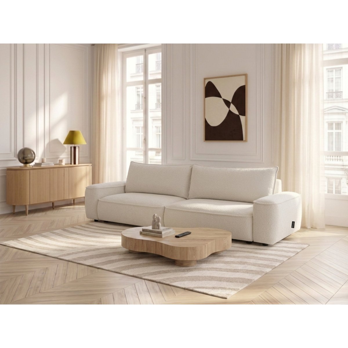 Canapé droit convertible 3 places en tissu chenille, HONORE blanc, BOBOCHIC