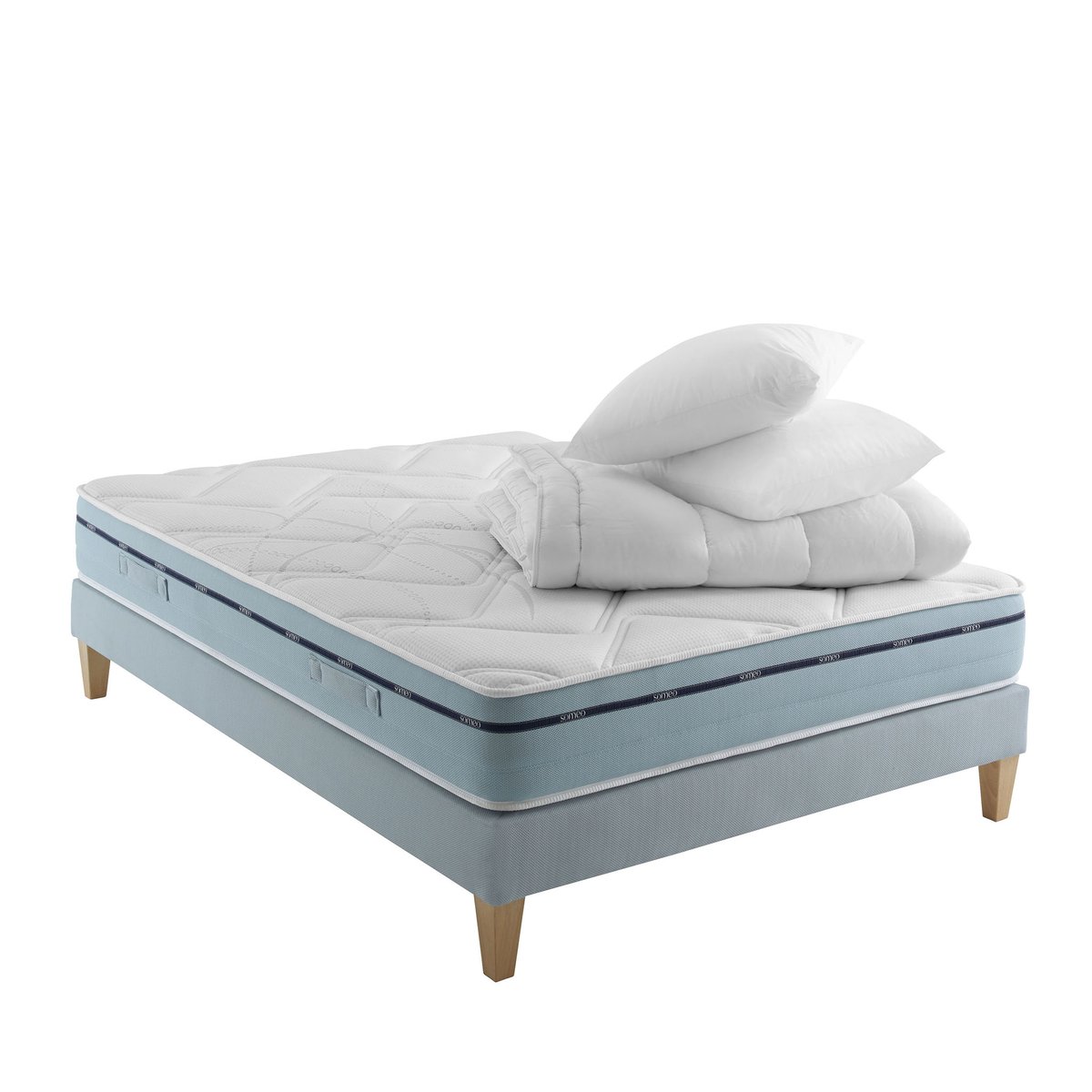 Ensemble matelas mémoire de forme, sommier, pieds, couette et oreiller Songe 500 blanc, SOMEO