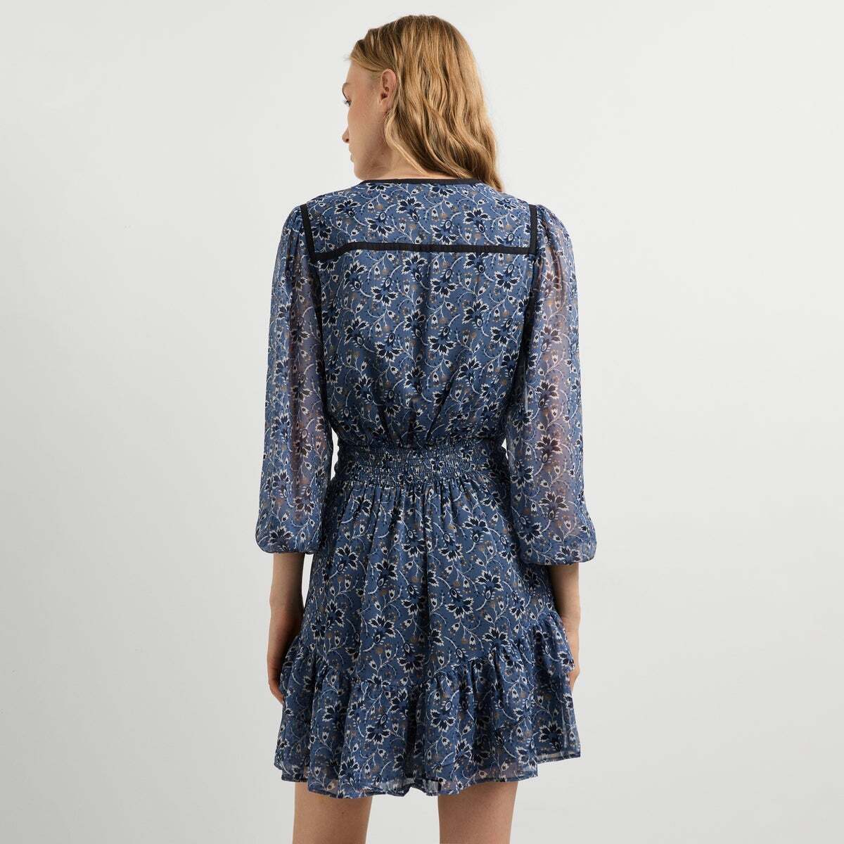 Robe Courte En Chiffon À Imprimé Floral bleu acier, PEPE JEANS
