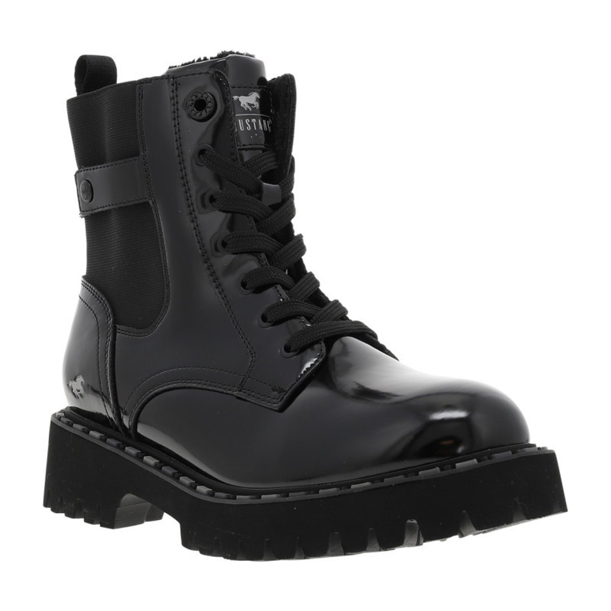 Bottines noires vernis à talon décroché bas avec des lacets plats et un zip noires vernies, MUSTANG