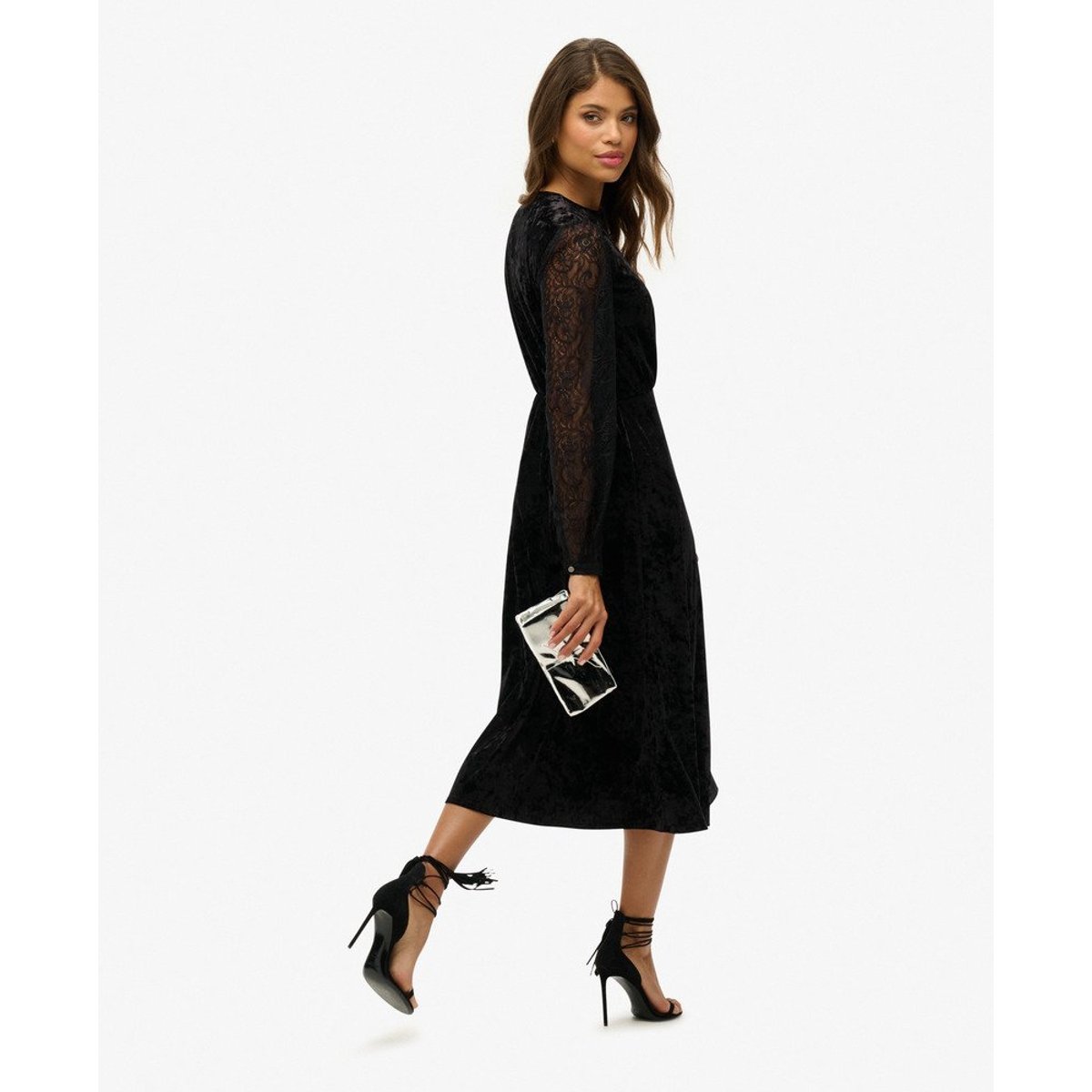 Robe mi-longue en velours à manches en dentelle noir, SUPERDRY
