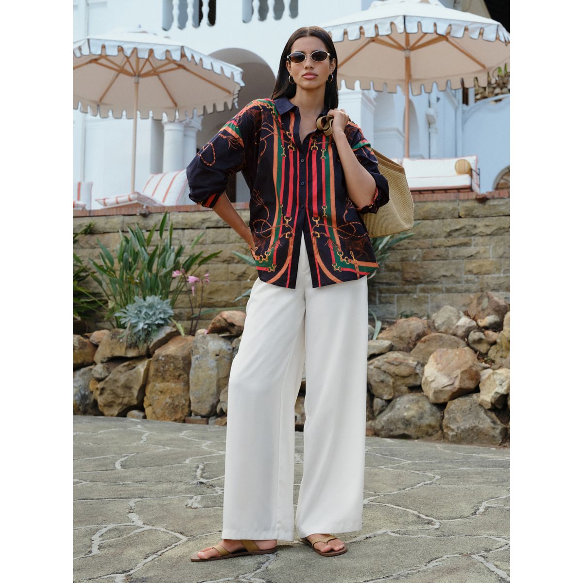 Pantalon large en satin à dos élastique écru, NEXT