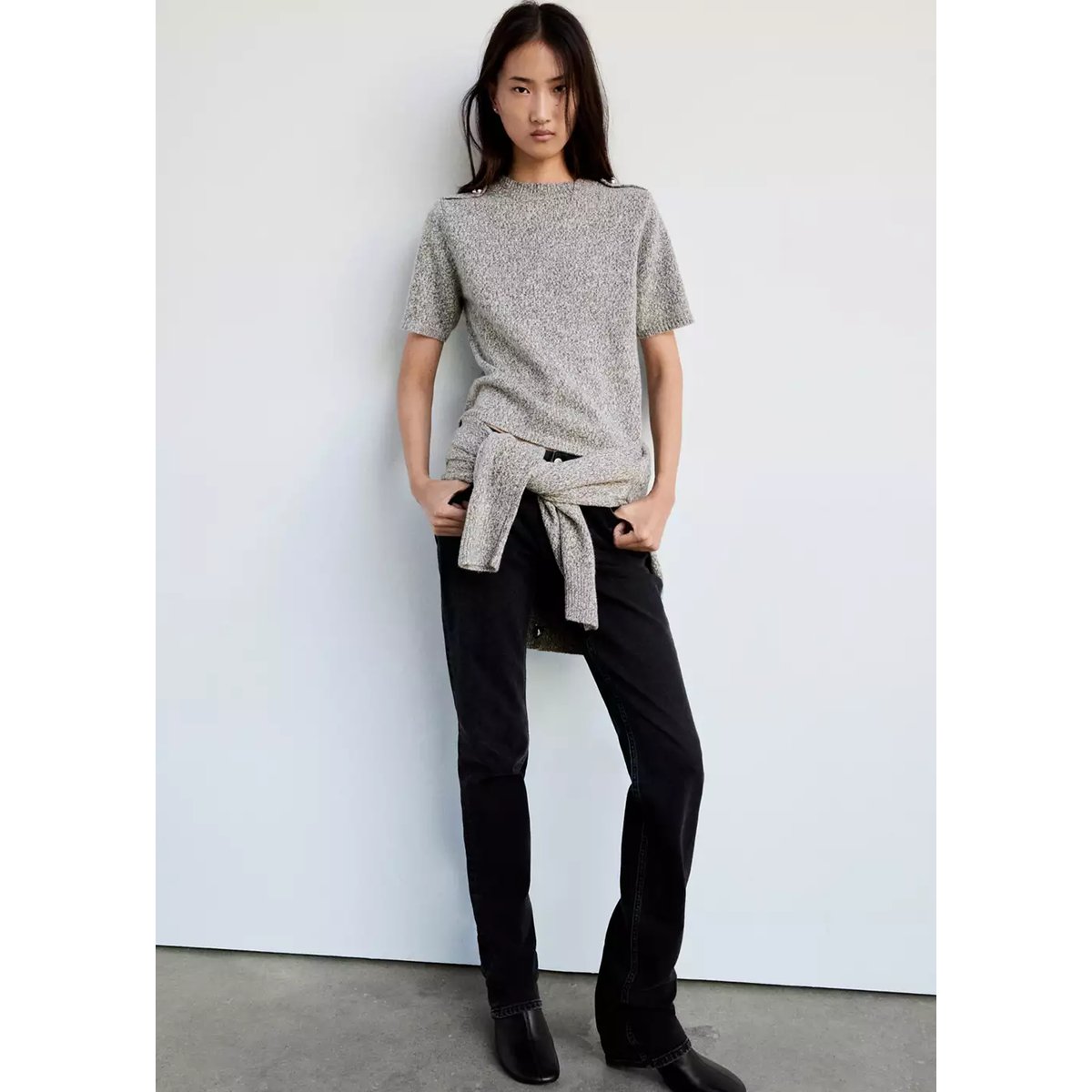Pull-over maille épaulettes gris chiné clair, MANGO