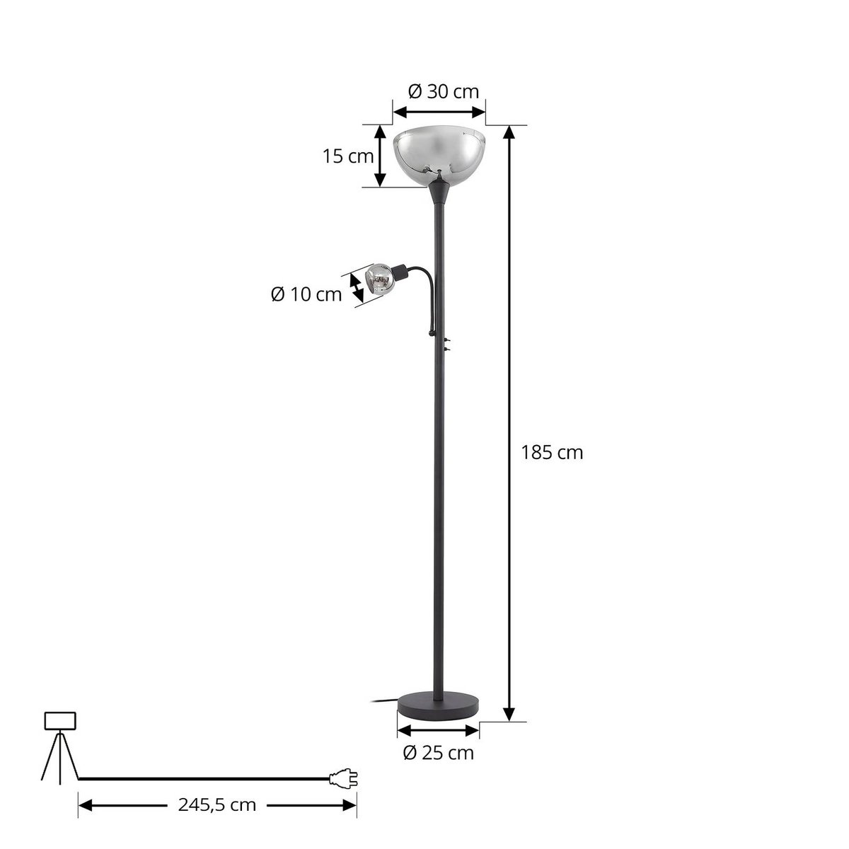 Lampadaire en métal moderne, Nehemia gris, noir, LINDBY