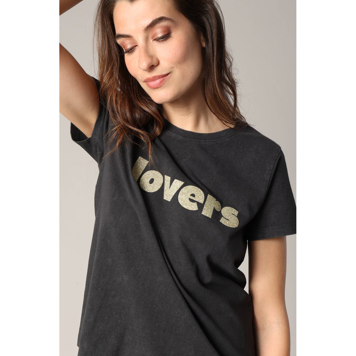 T-shirt 100% coton avec imprimé lovers pailleté LOLOVER gris charbon, DEELUXE