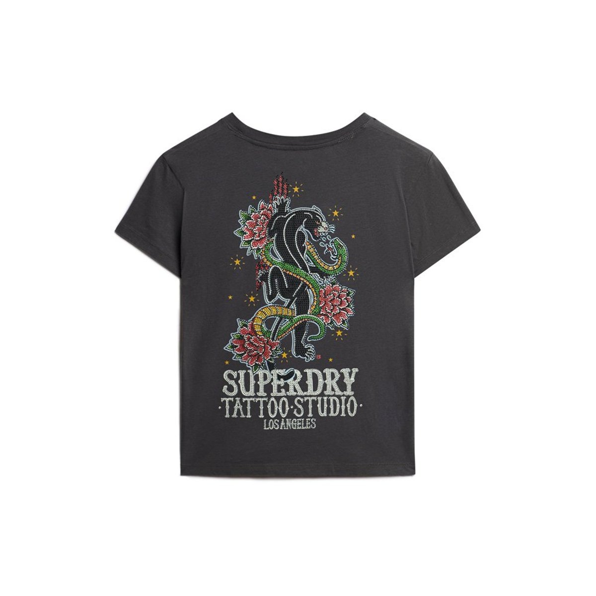 T-shirt ajusté à strass effet tatouage anthracite, SUPERDRY