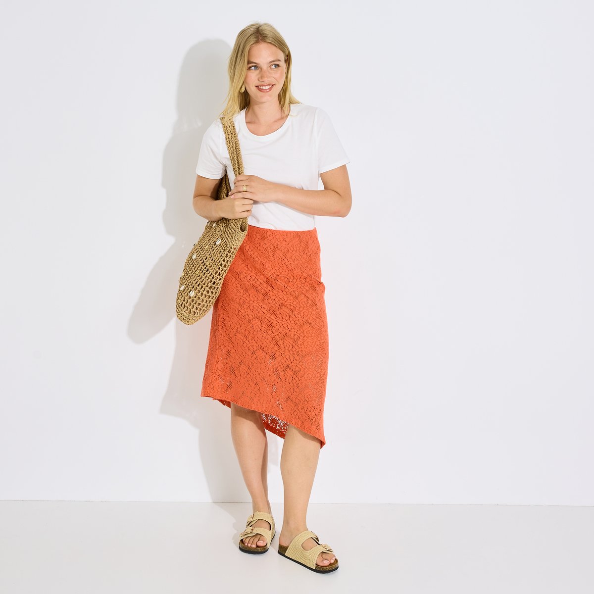 Jupe mi-longue asymétrique en crochet orange rouge, GRAIN DE MALICE