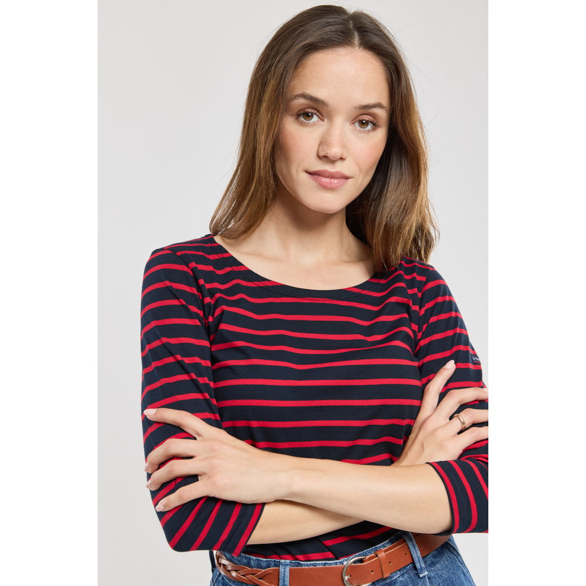 Marinière manches 3/4 en coton léger rich navy/braise, ARMOR-LUX