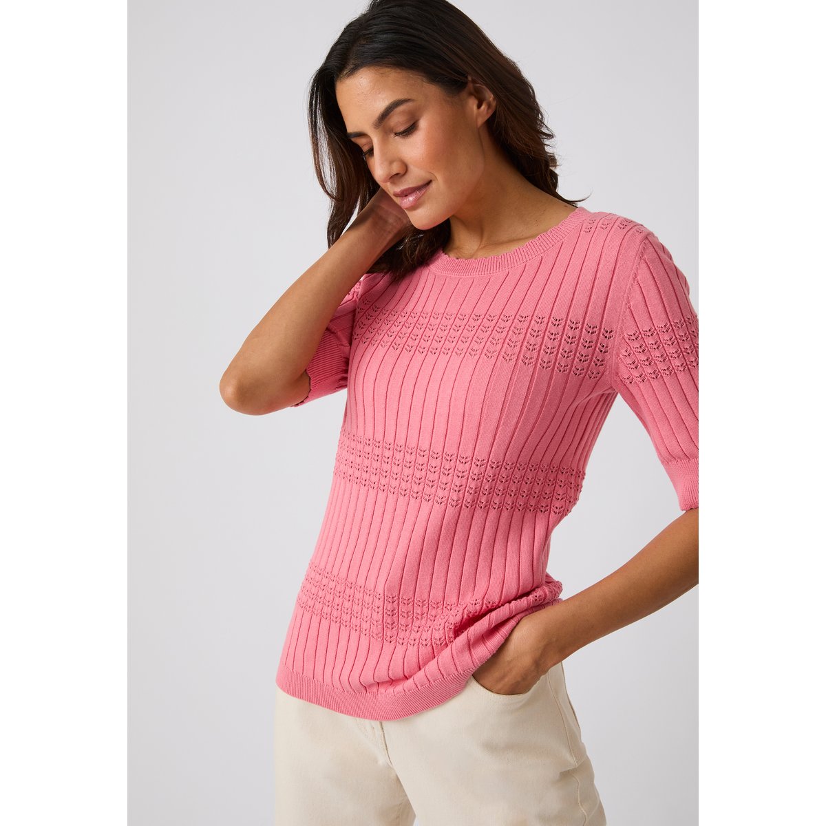 Pull à côtes ajourées rose, DAMART