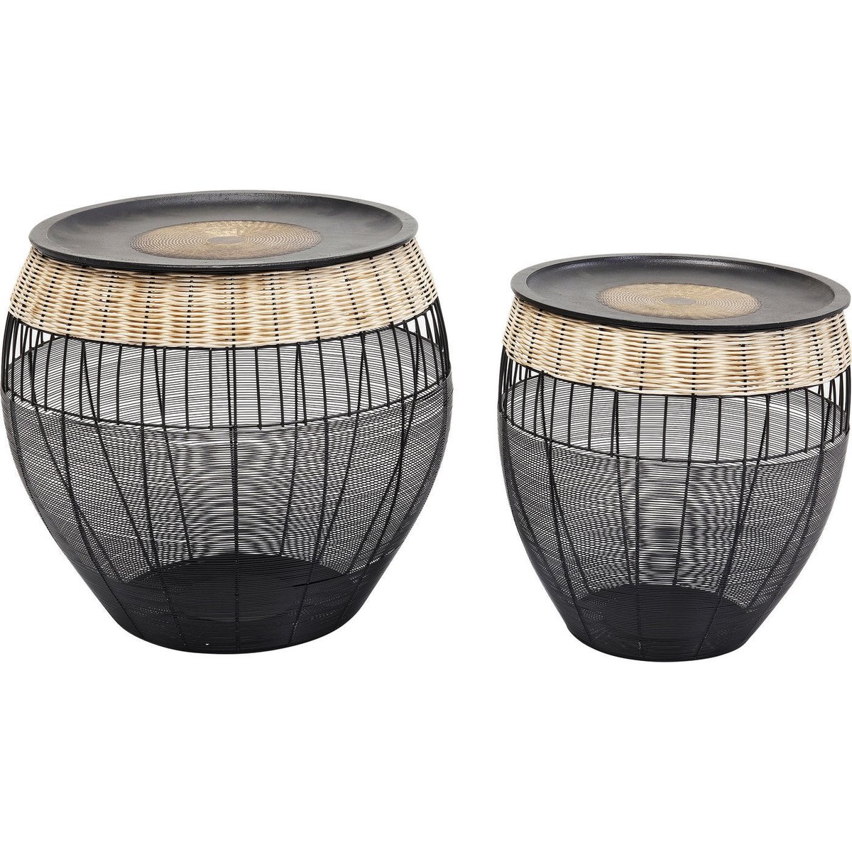 Lot de 2 tables d'appoint en acier et rotin, AFRICAN DRUMS noir, KARE DESIGN