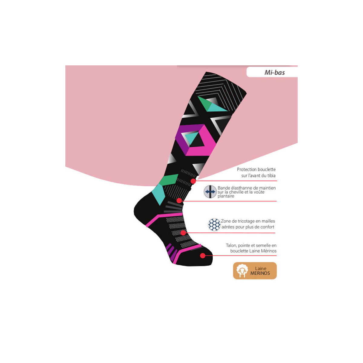 Mi-bas ski Femme GLAM POP Thyo noir multicolore, THYO