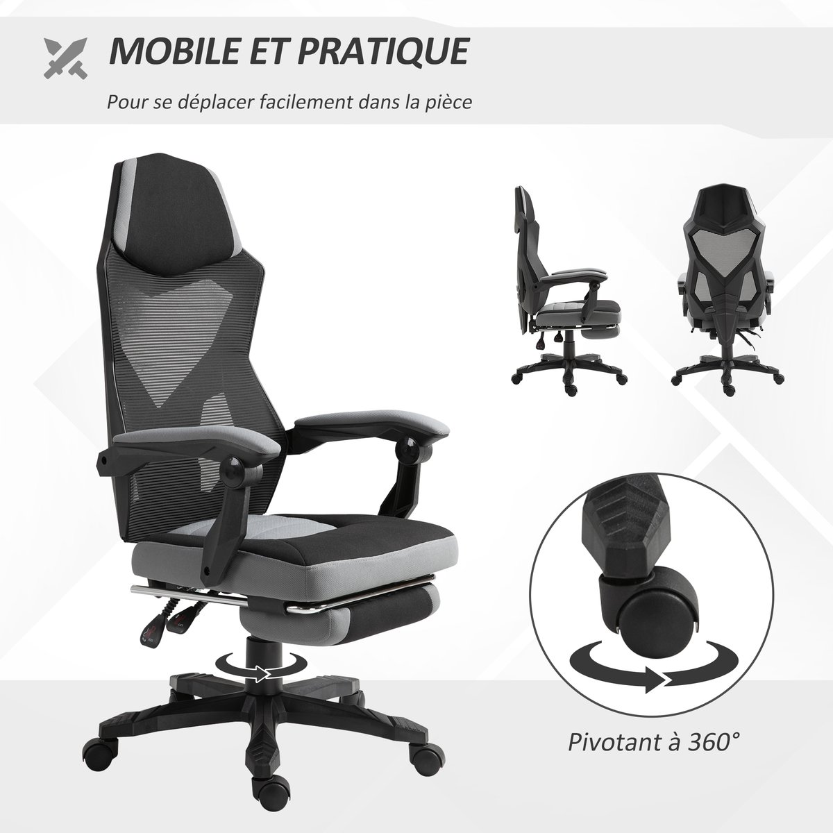 Chaise de bureau Tissus Gris gris et noir, HOMCOM