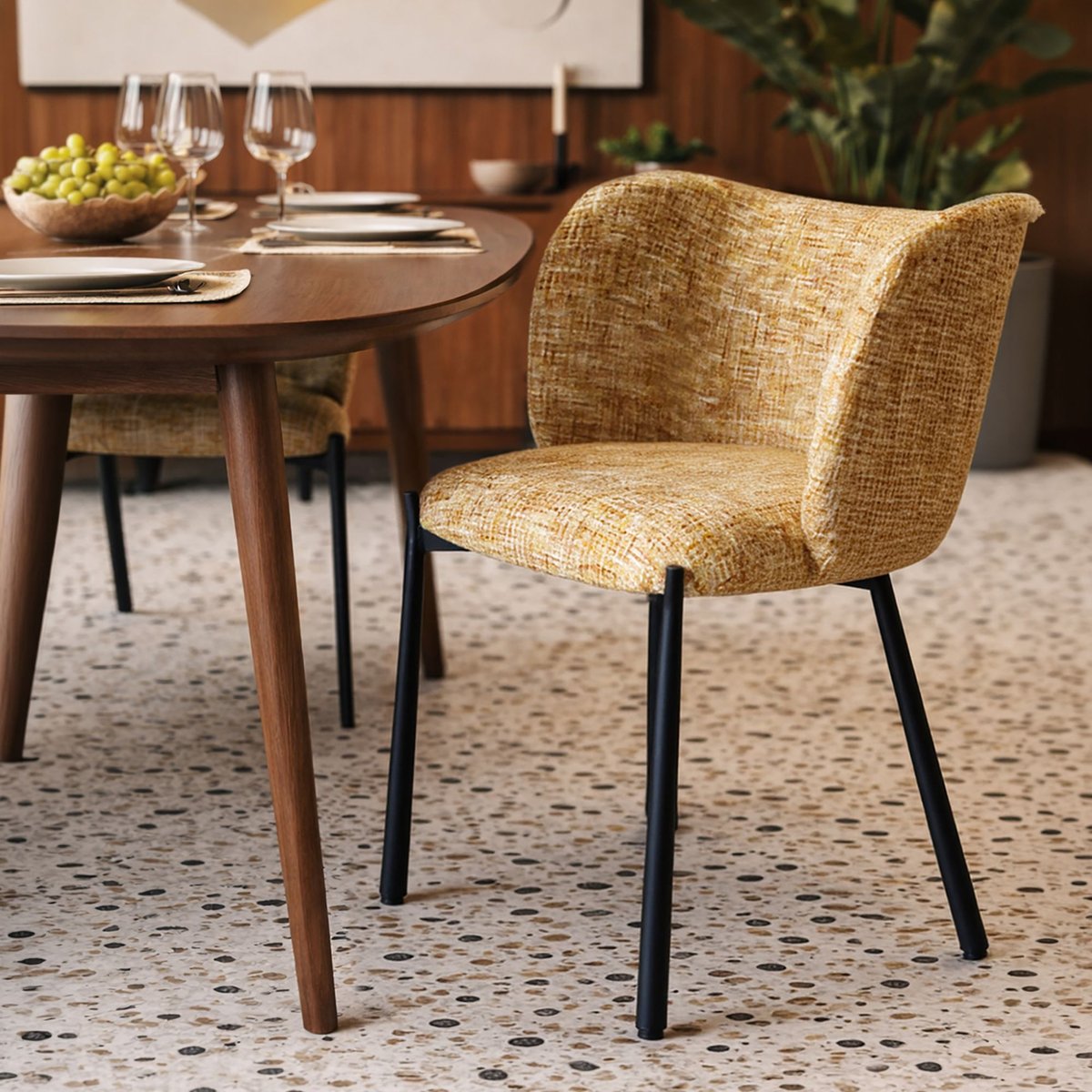 Table effet bois 200cm + 6 fauteuils en tissu noyer / ocre, NOW'S HOME