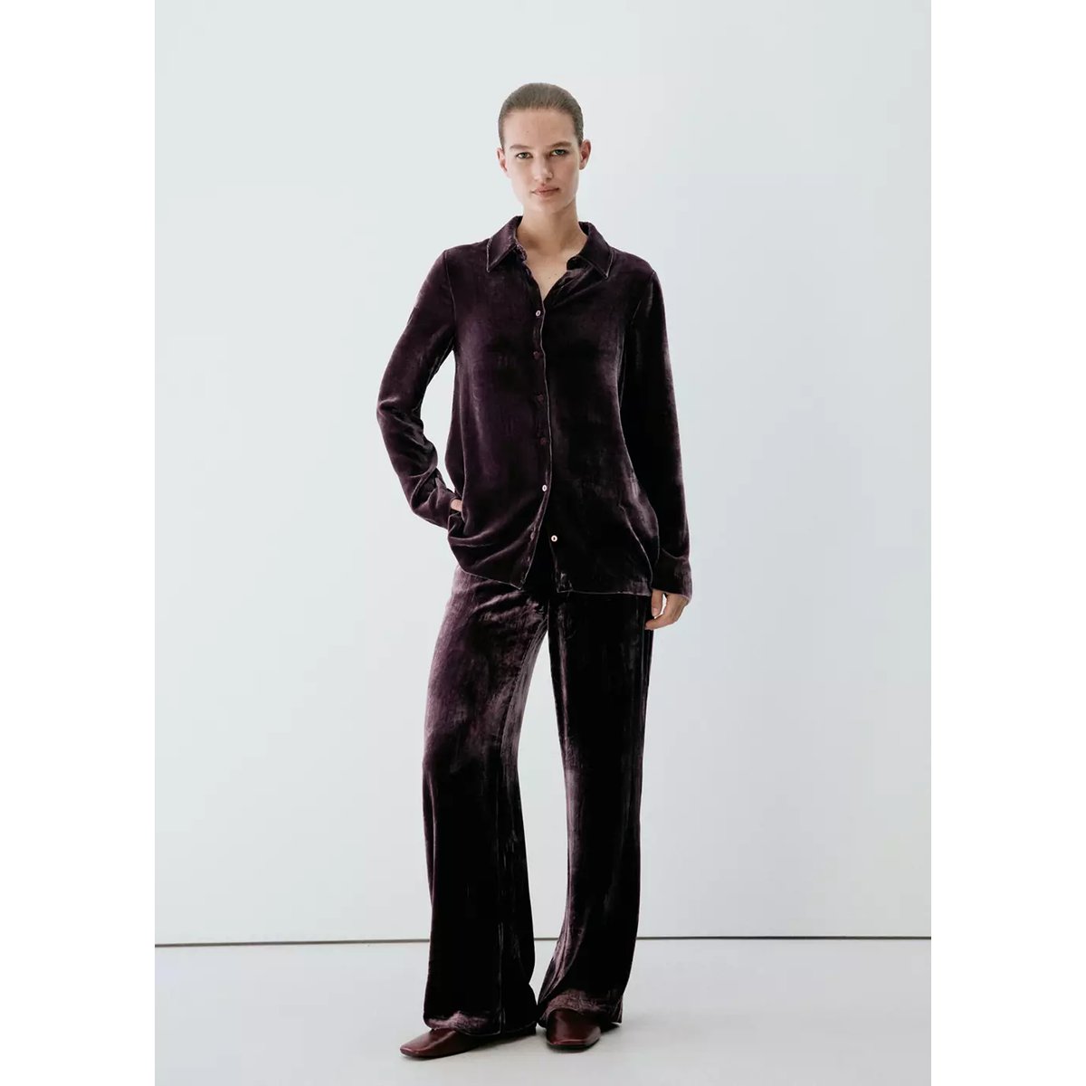 Chemise velours soie violet, MANGO