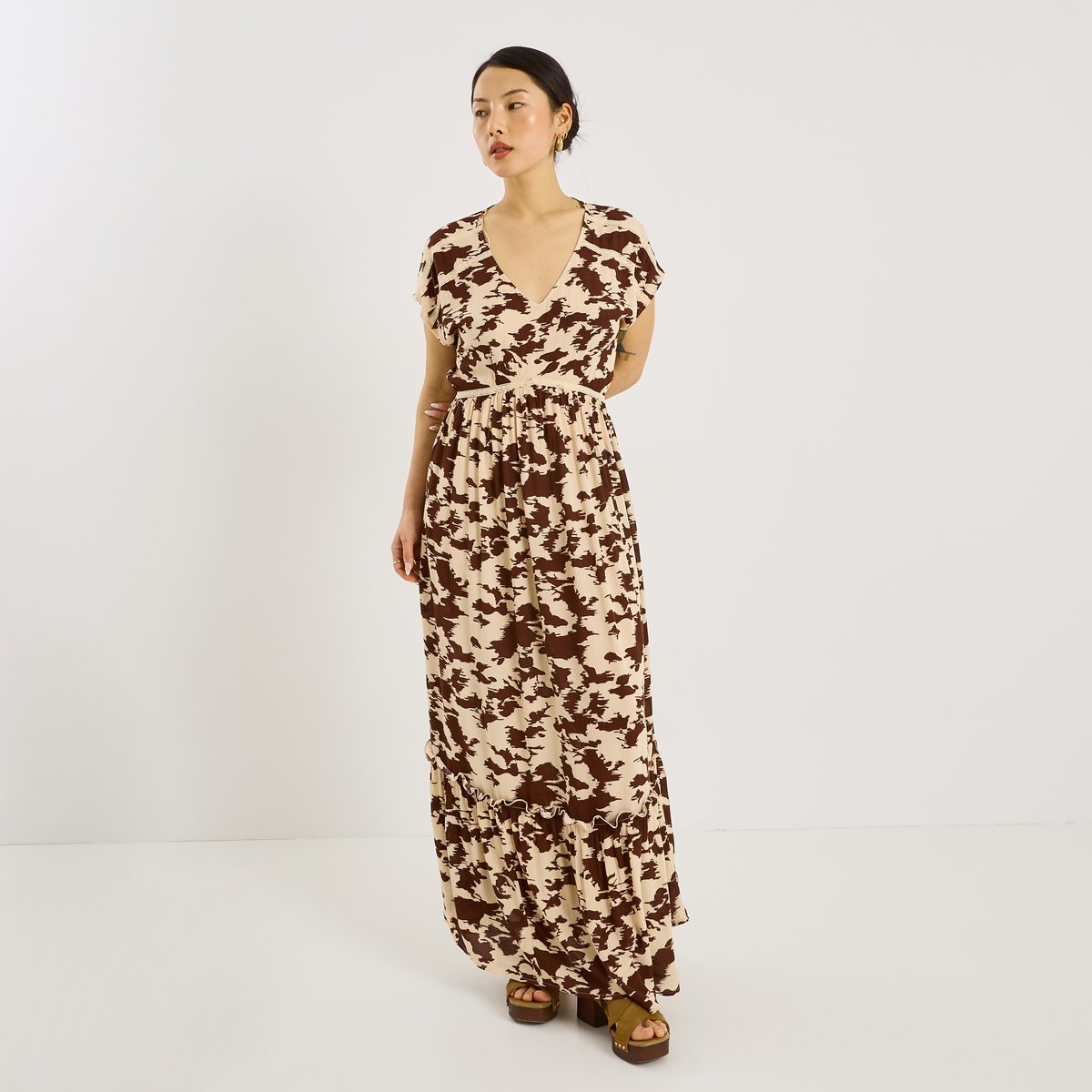 Robe longue fluide imprimé vache beige, GRAIN DE MALICE