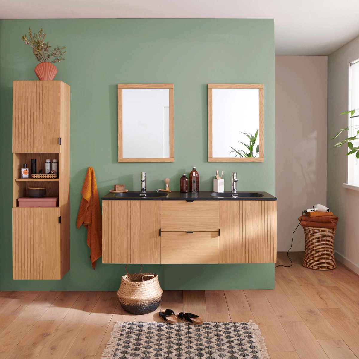 Meuble double vasque + miroir +colonne STUDIO bois clair, MOB IN