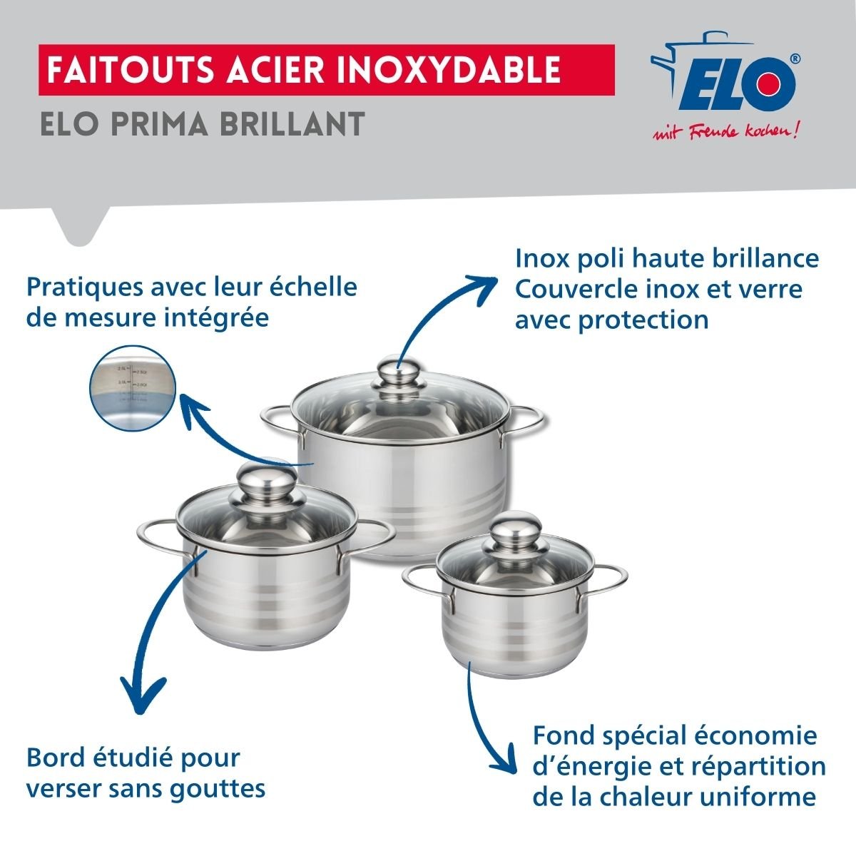 Batterie 1 poêle 28cm + 3 faitouts 14/16/20cm PRIMA BRILLANT noir, ELO
