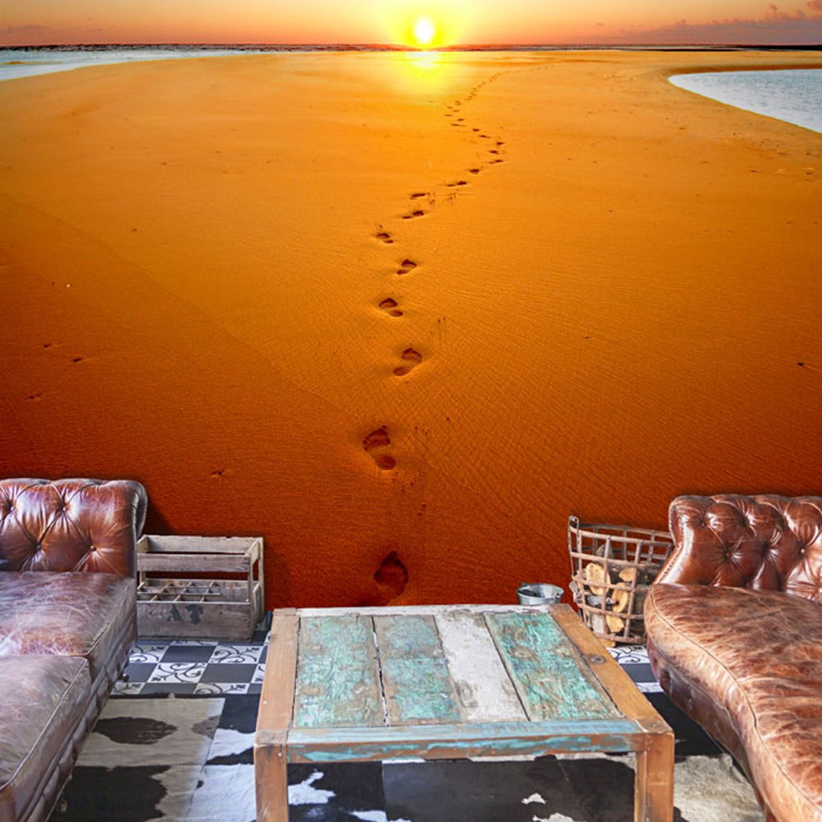 Papier peint intissé panoramique Paysage Traces de pas sur le sable orange / cuivré, EDEN