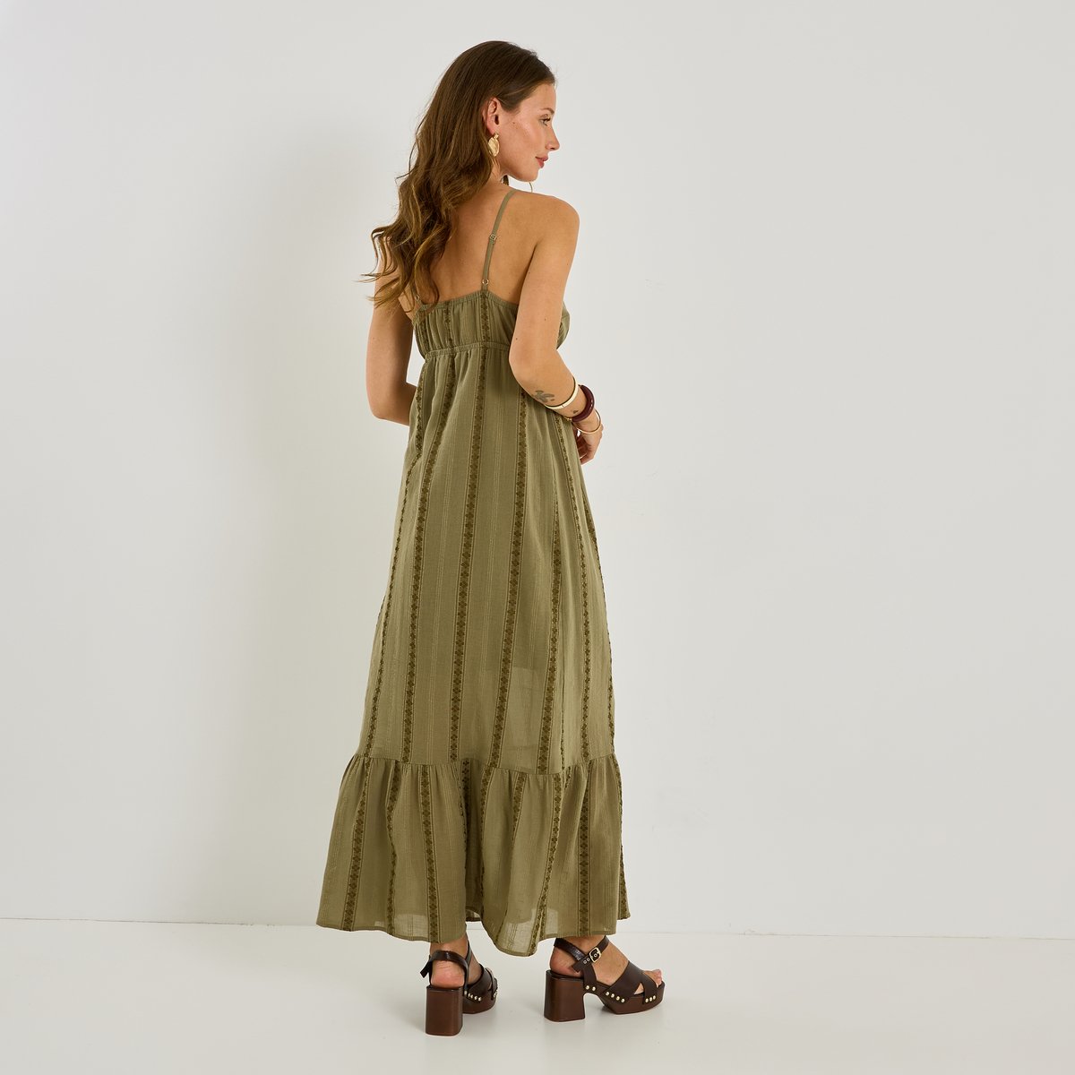 Robe bohème longue à bretelles vert kaki, GRAIN DE MALICE