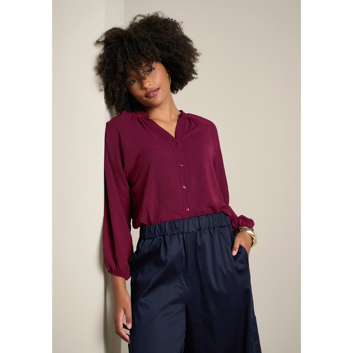 Blouse fluide à col mao bordeaux wine, LOLALIZA
