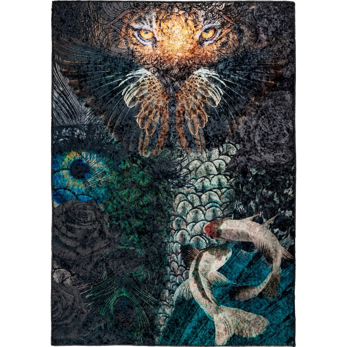 Tapis rectangulaire jacquard motif artistique multicolore fond noir bleu vert, ARTE ESPINA
