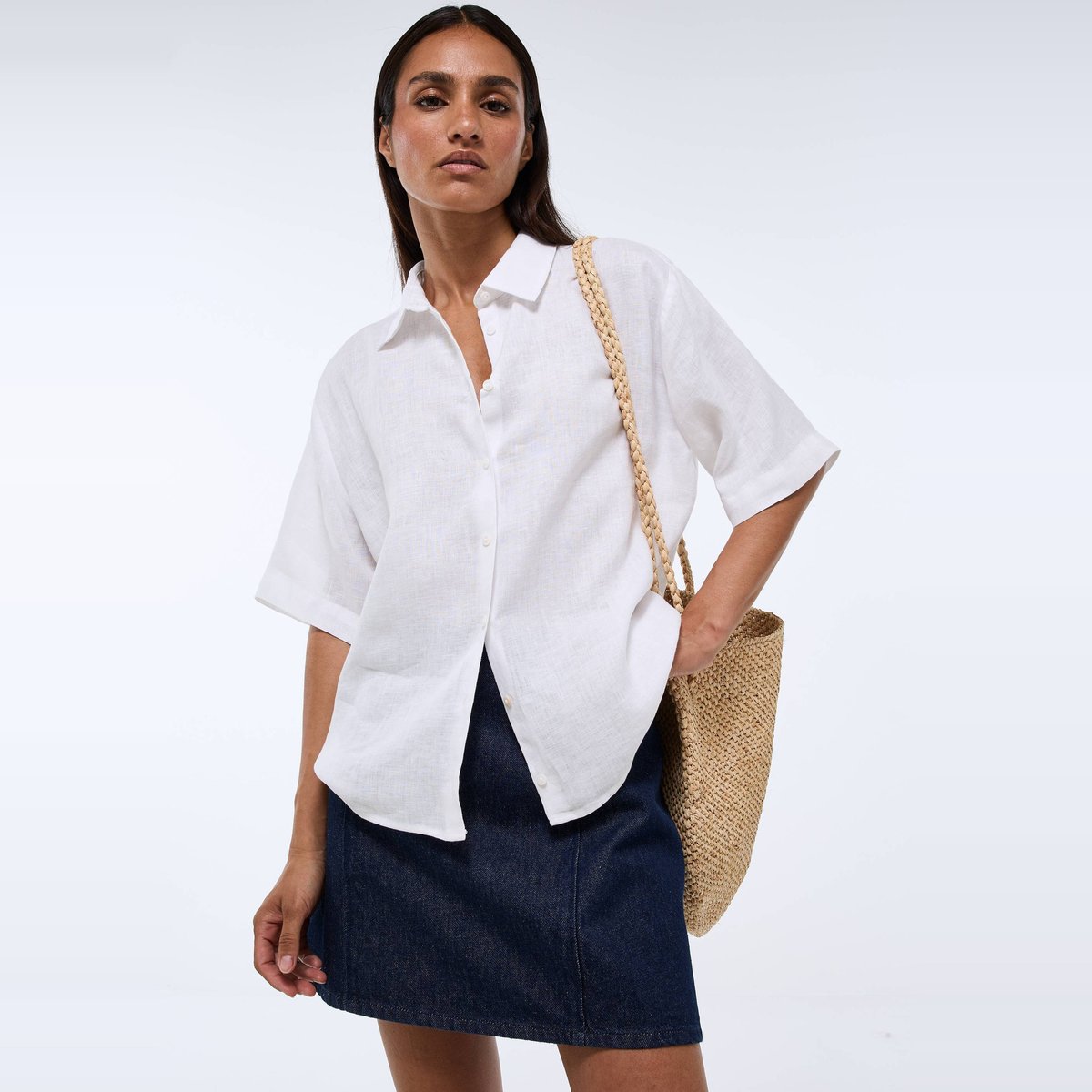 Chemise manches courtes unie en lin blanc, MONOPRIX